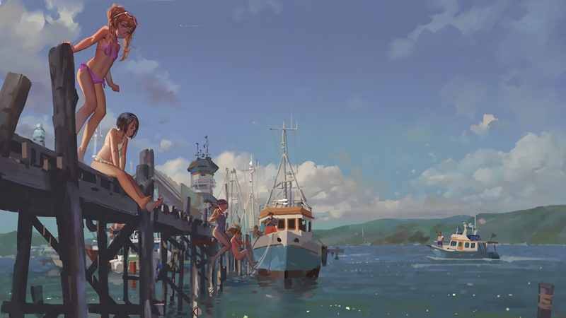 anime girls, sea, summer, bikini, sky, harbor