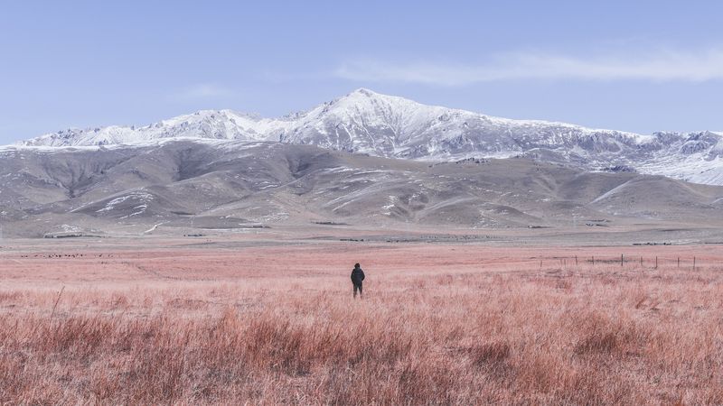 mountains, steppe, man, loneliness, landscape, 4k