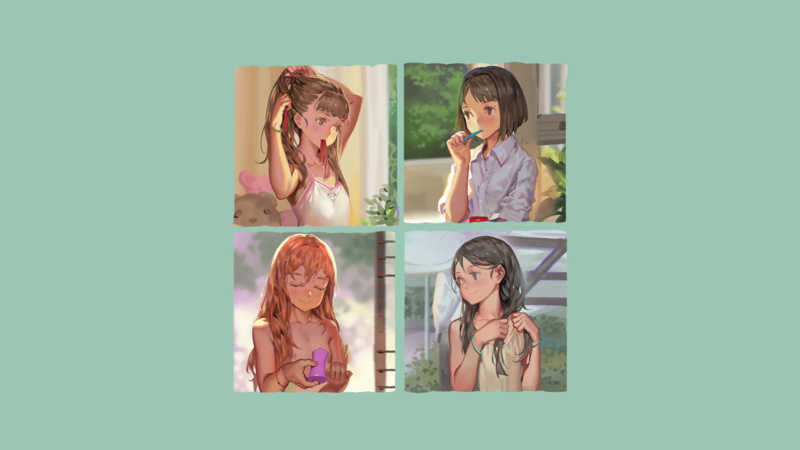 anime girls, green background, life