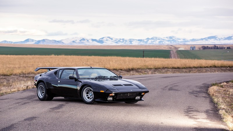 car, black, De Tomaso Pantera GTS, road, mountains, landscape, pop-up headlights, De Tomaso