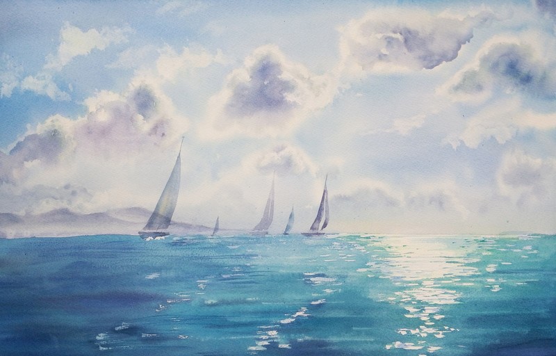 watercolor, blue, sky, nature, sea, cyan, turquoise