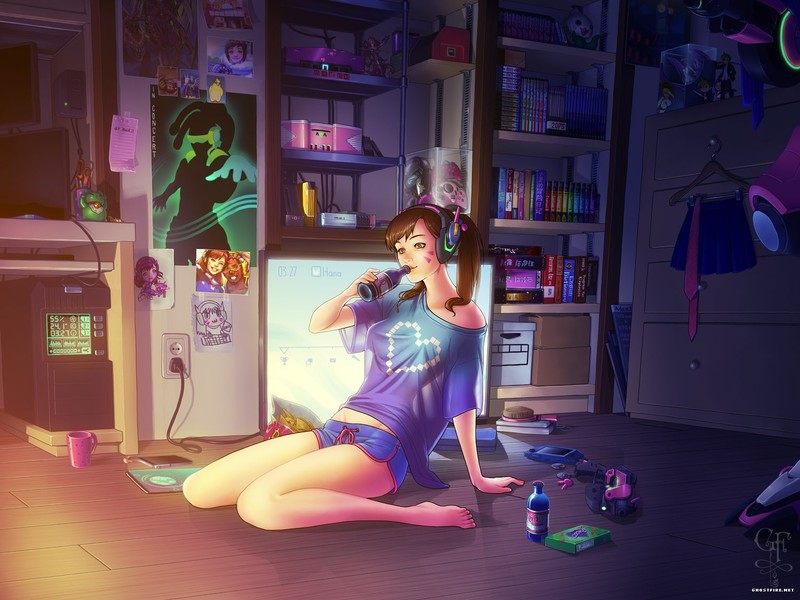 D.Va (Overwatch), Overwatch, Blizzard Entertainment, video games, legs, see-through clothing, Lúcio (Overwatch), shorts, thighs, pigtails, headsets, feet, barefoot