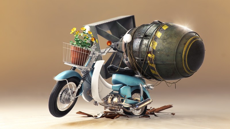 grenades, mopeds, flowerpot, yellow flowers, bombs, photo manipulation, Photoshop, atomic bomb, beige background, beige, cyan, flowers, humor