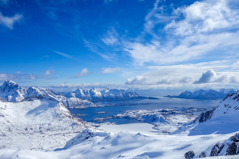 landscape, water, mountains, snow