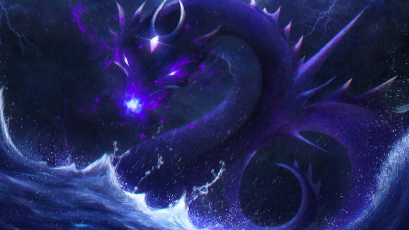 dragon, art, neon, waves, dark, 4k