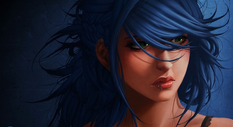 blue hair, piercing, anime girls, anime, green eyes, blue background, face
