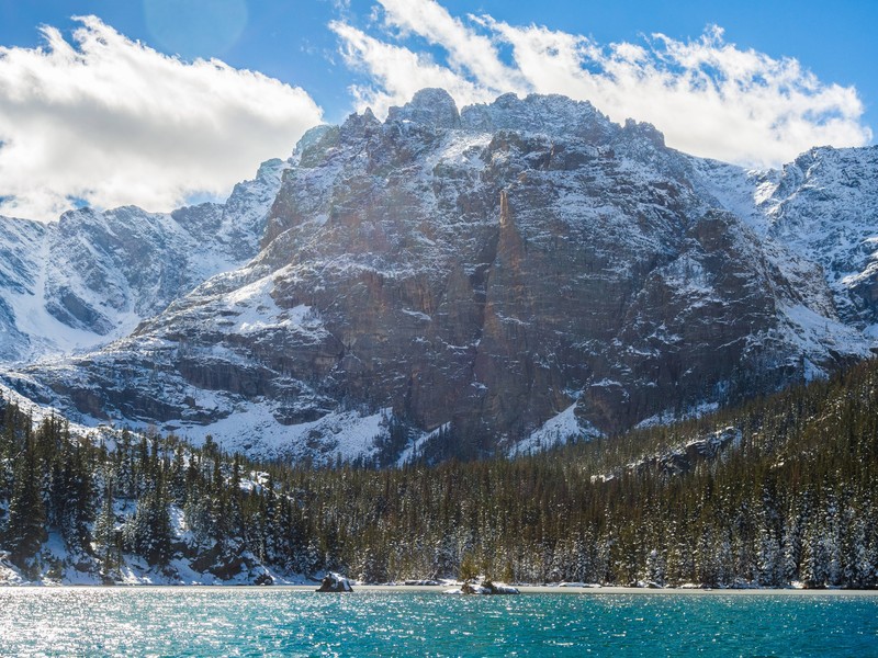 mountains, water, nature, snow, trees