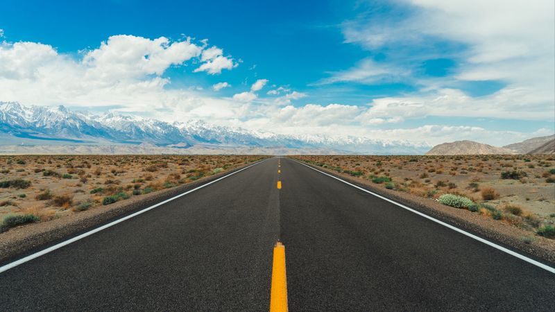 road, desert, mountains, horizon, asphalt, distance, 4k