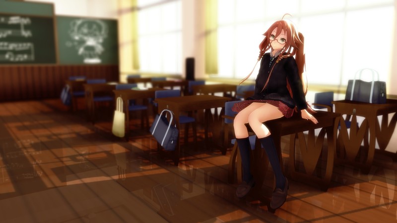 anime, anime girls, sitting, school, miniskirt, glasses