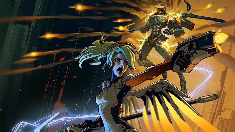 Overwatch, Mercy (Overwatch), anime girls, open mouth, futuristic, blonde, anime, PC gaming