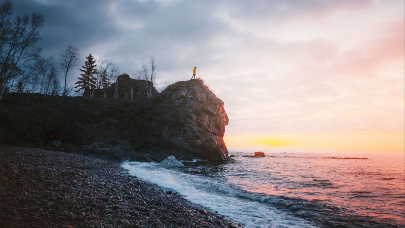 rock, sea, silhouette, coast, beach, stones, 4k