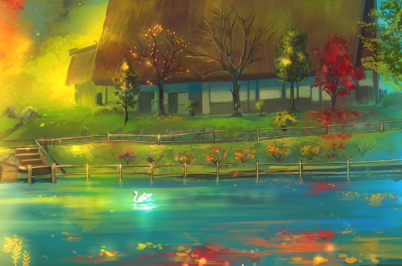 fantasy art, artwork, colorful, swan, house, fall, water