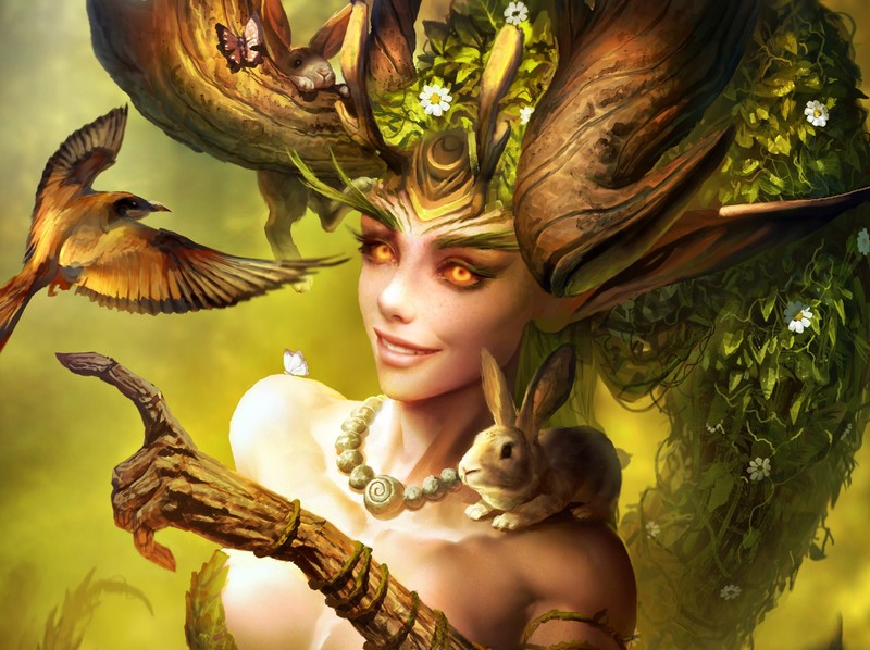 fantasy girl, fantasy art, glowing eyes, birds, animals, smiling