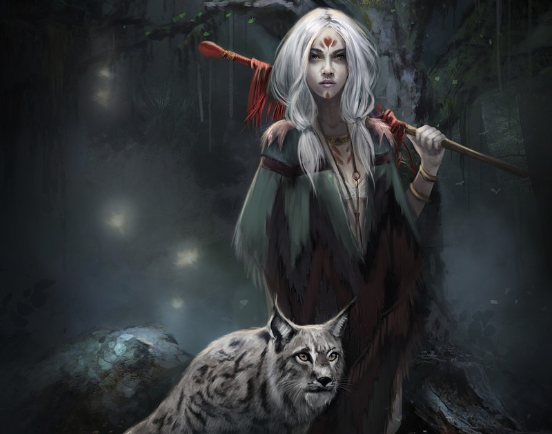 fantasy art, fantasy girl, animals, white hair