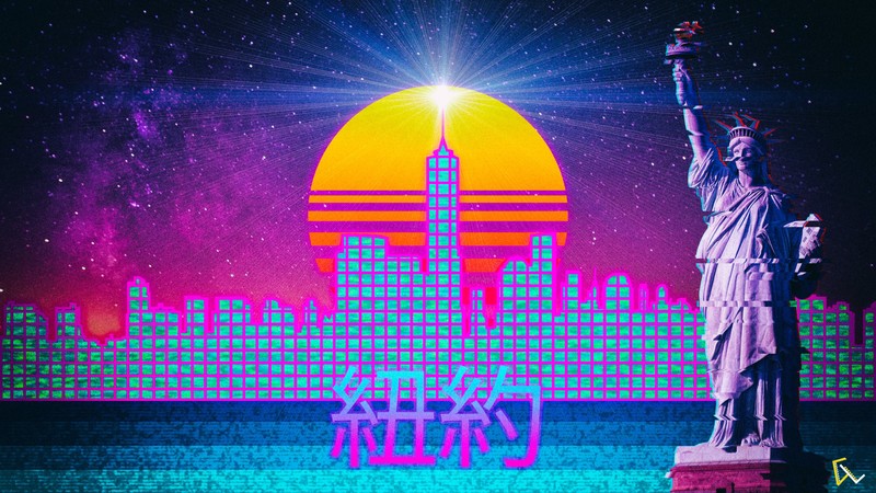 vaporwave, New York City, statue, Statue of Liberty, lights