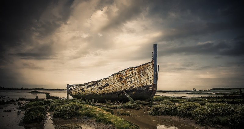 wreck, nature, boat, sky, shipwreck, shore