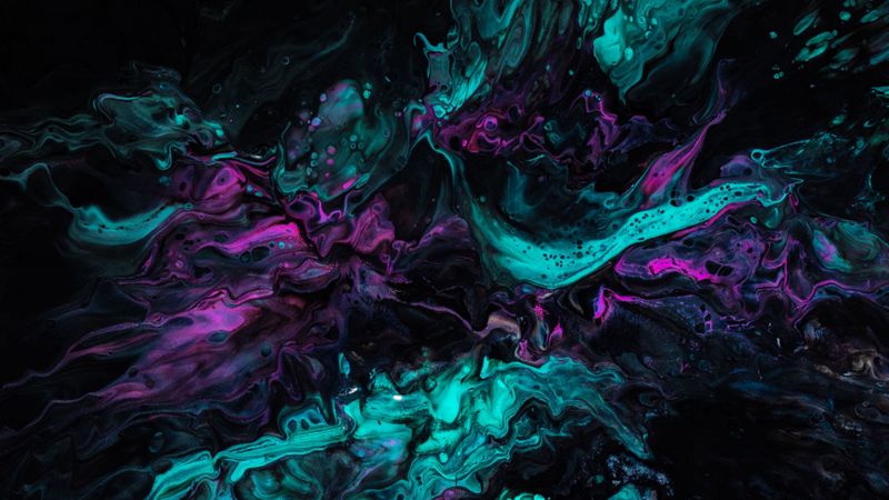 paint, stains, mixing, liquid, turquoise, purple, dark, 4k