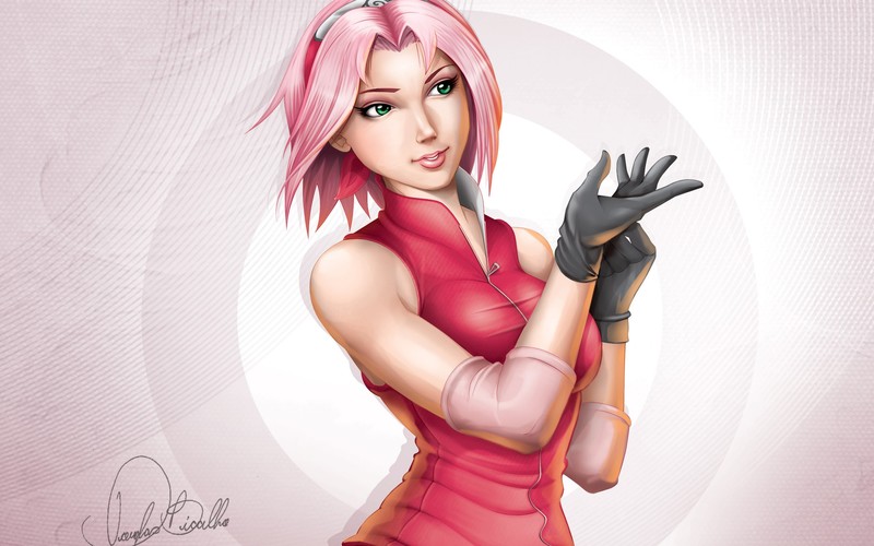 anime girls, anime, Naruto Shippuuden, pink hair, short hair, green eyes, gloves, simple background, Haruno Sakura
