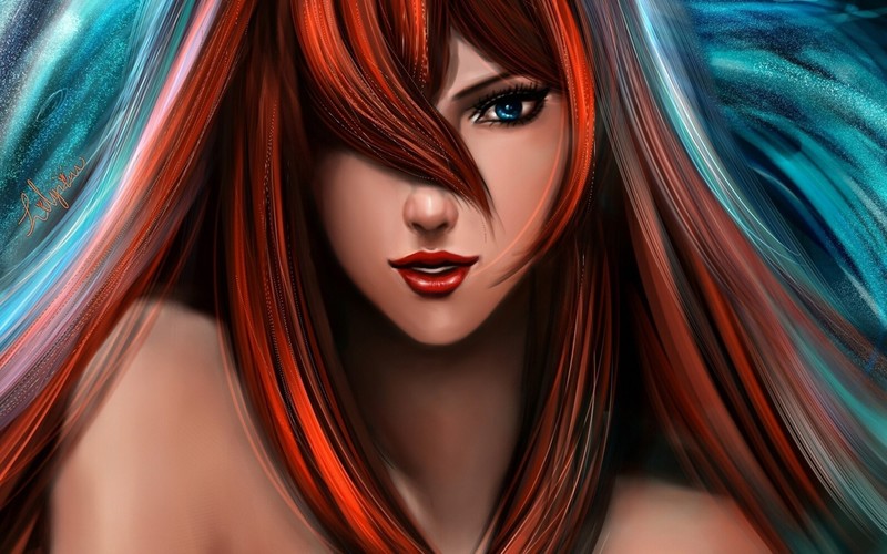 anime, anime girls, redhead, blue eyes, long hair
