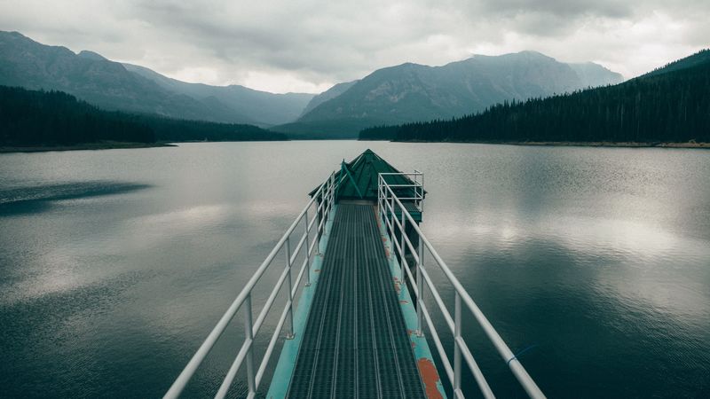 pier, river, mountains, forest, fog, 4k