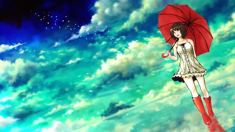 anime, anime girls, brunette, brown eyes, umbrella, sky, clouds, smiling, turquoise
