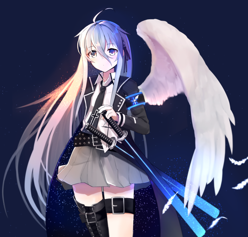 long hair, weapon, wings, thigh-highs