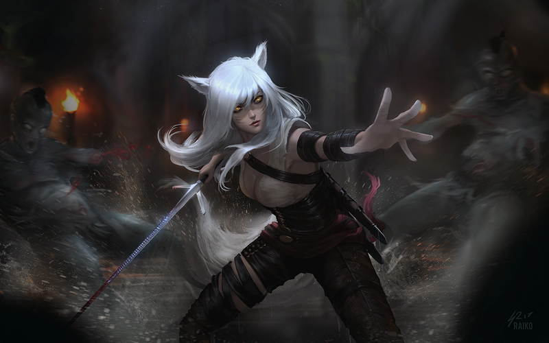 sword, weapon, animal ears, cleavage, corset, crossover, foxgirl, tail, watermarked, white hair, yellow eyes