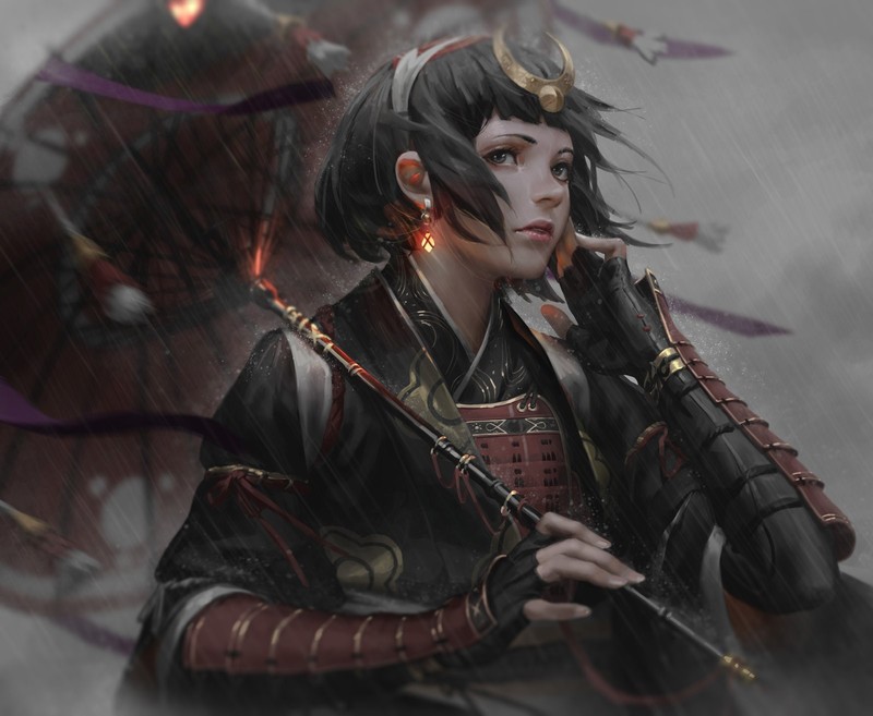 armor, GUWEIZ, headdress, Japanese clothes, rain, samurai, short hair, umbrella