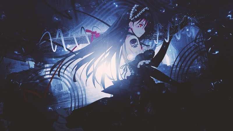 anime, anime girls, black hair, red eyes, long hair