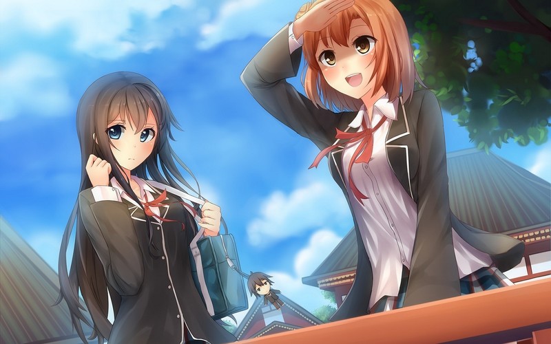 anime, anime girls, Yahari Ore no Seishun Love Comedy wa Machigatteiru, Yuigahama Yui, Yukinoshita Yukino, redhead, dark hair, long hair, short hair, school uniform, blue eyes, yellow eyes