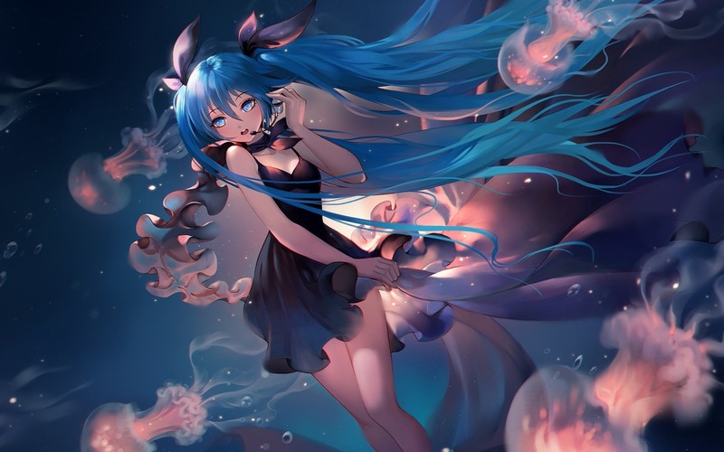 anime, anime girls, blue hair, dress, long hair