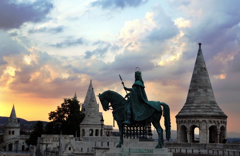 architecture, old building, Budapest, Hungary, sunset, clouds, tower, historic, ancient, king, horse, trees, statue, hills