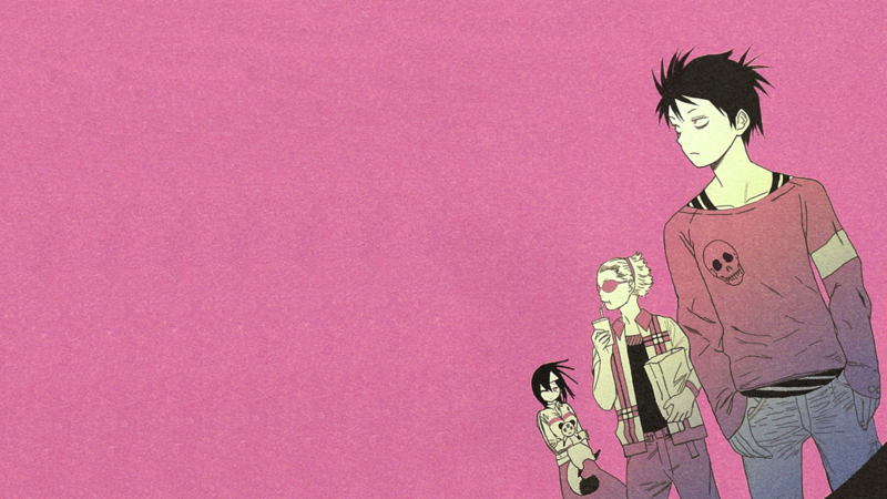 Blood Lad, Staz Charlie, Yanagi Fuyumi, pink background, vampires, wolf, sunglasses, skirt, anime girls, skull, black hair
