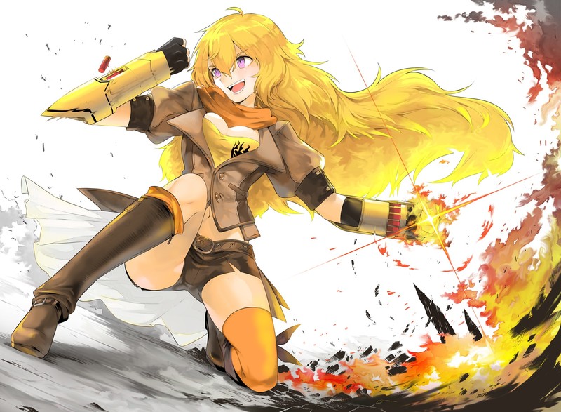 blonde, boots, fire, long hair, purple eyes, RWBY, scarf, shorts, Yang Xiao Long