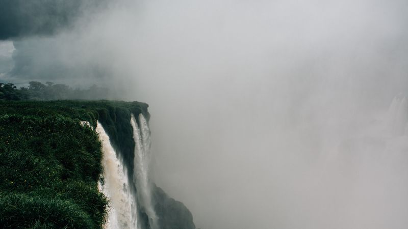 waterfall, fog, cliff, grass, greens, 4k