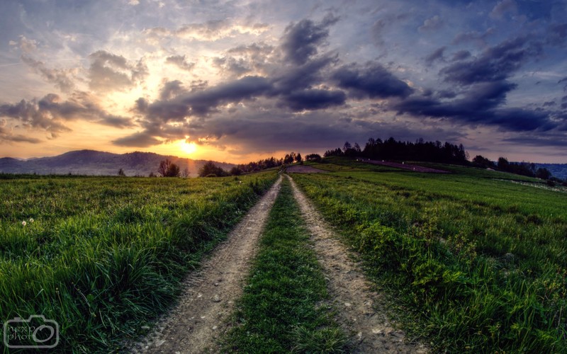 path, field, green, grass, sky, clouds, Sun, sunlight, sunset, nature, landscape, Poland