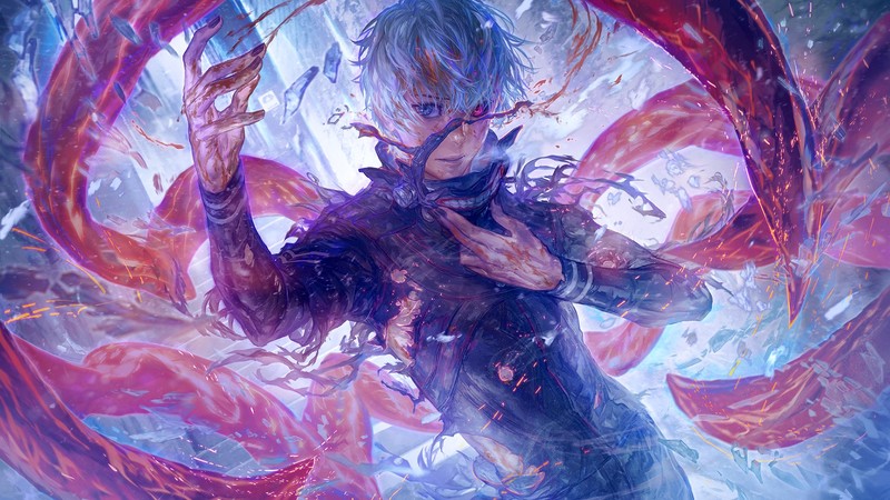 Kaneki Ken, fantasy art, digital art, Tokyo Ghoul, Tokyo Ghoul:re, white hair, MuddyMelly