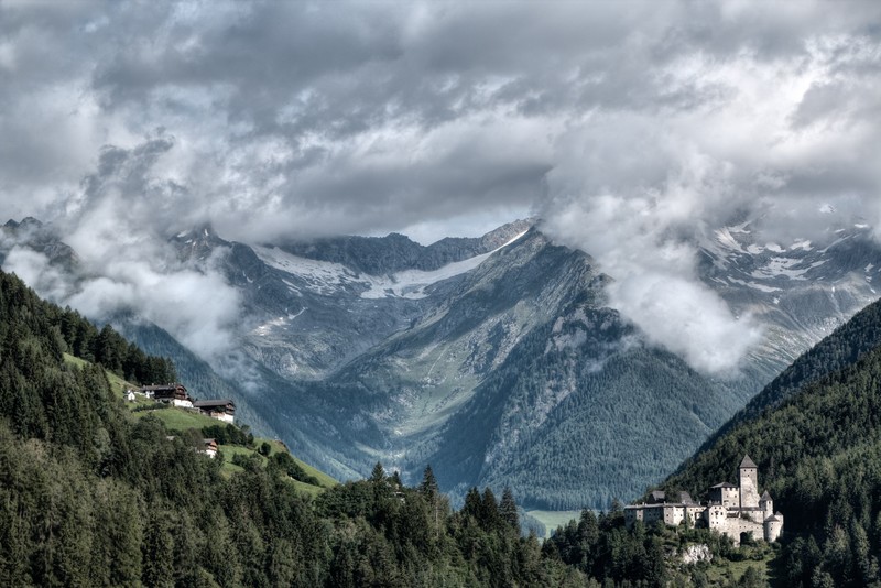 mountains, snow, clouds, landscape, forest, nature