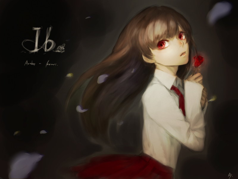 anime girls, anime, red eyes, brunette, rose, flowers, long hair