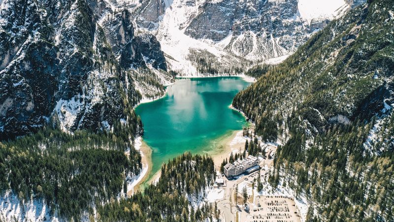 mountains, lake, landscape, forest, slopes, snowy, 4k