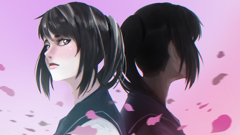 Yandere Simulator, Yandere-chan, anime, anime girls, dark eyes, dark hair, purple background