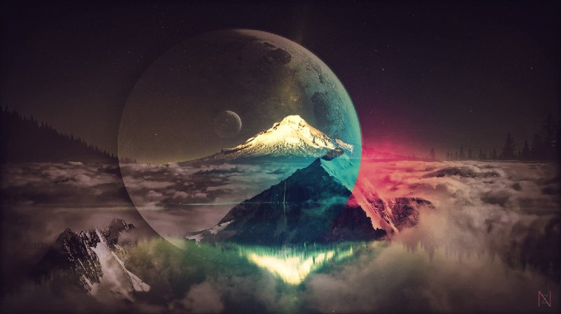 artwork, Moon, planet, blue, pink, red, water, sky