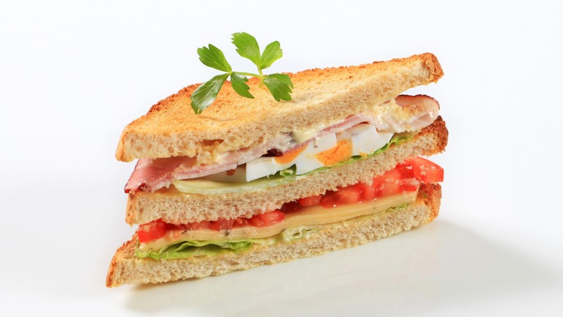 sandwich, food, white background, eggs, tomatoes, ham, bread