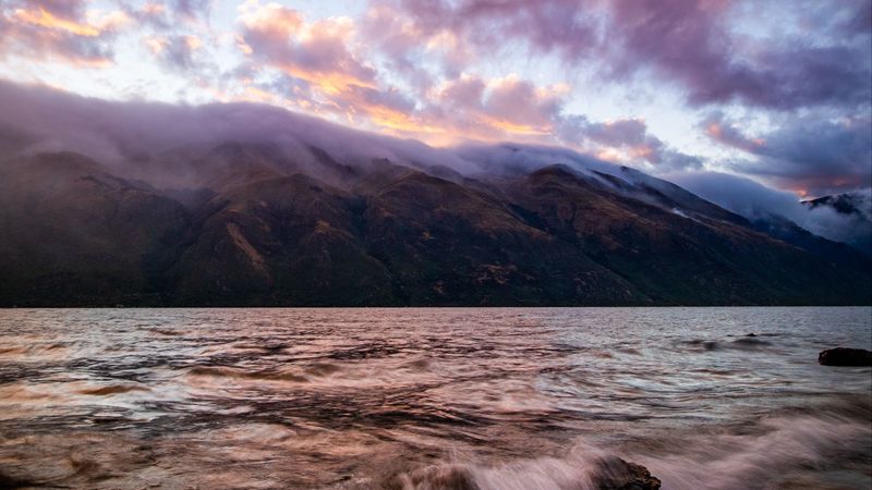 river, shore, fog, landscape, hills, waves, clouds, 4k