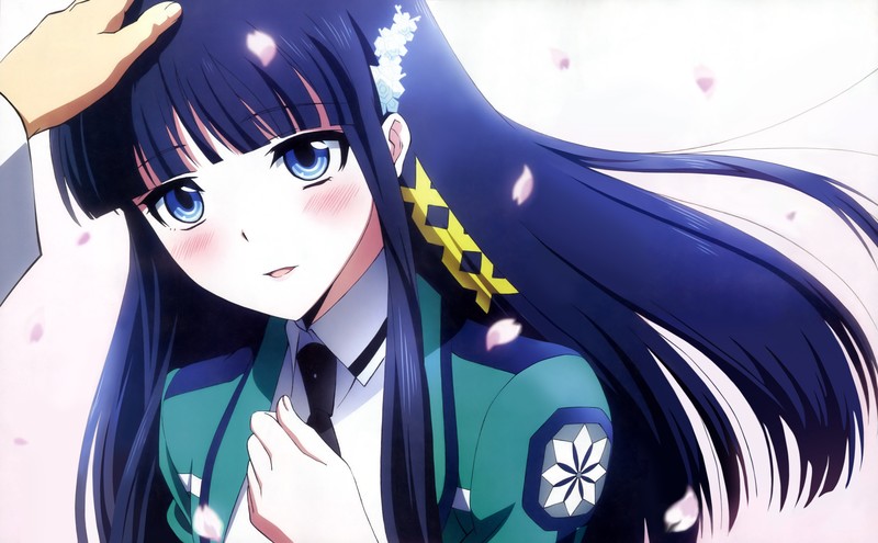 Mahouka Koukou no Rettousei, Shiba Miyuki, dark hair, blue eyes, hair ornament, school uniform, blushing, long hair