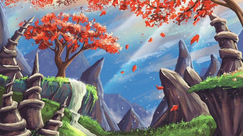 landscape, art, tree, mountains, rocks, waterfall, 4k
