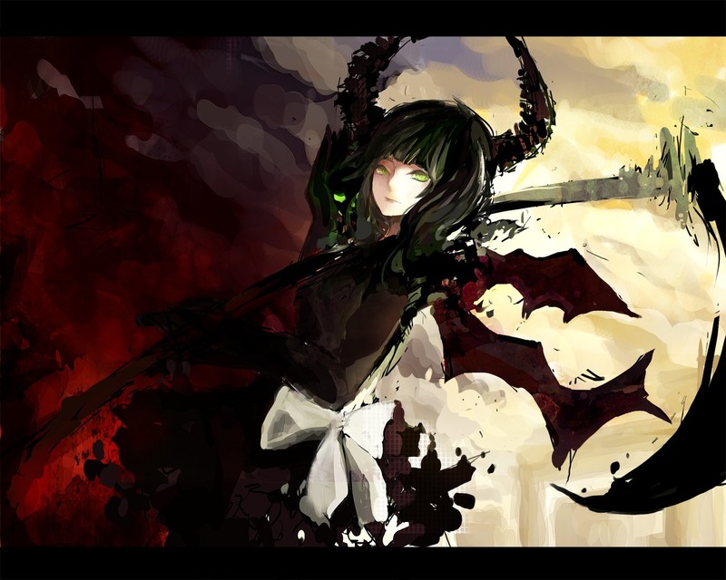 deadmaster, dead, anime girls, red, anime, horns, dark hair, green eyes