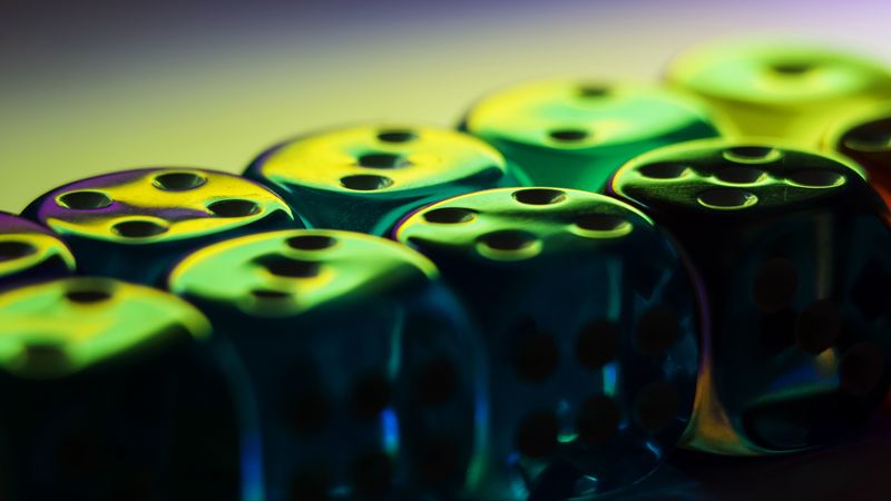 dice, cubes, surface, glare, green, dark, 4k