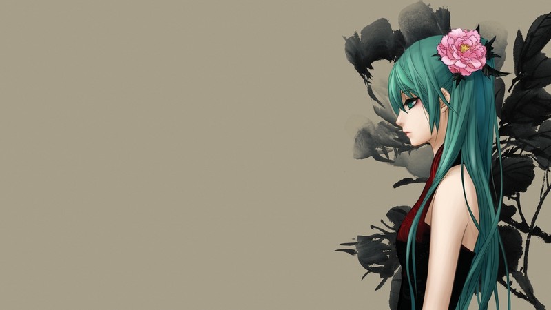Hatsune Miku, Hatsune Miku Append, anime girls, flowers, flower in hair, long hair, face, profile, green eyes, anime, simple background