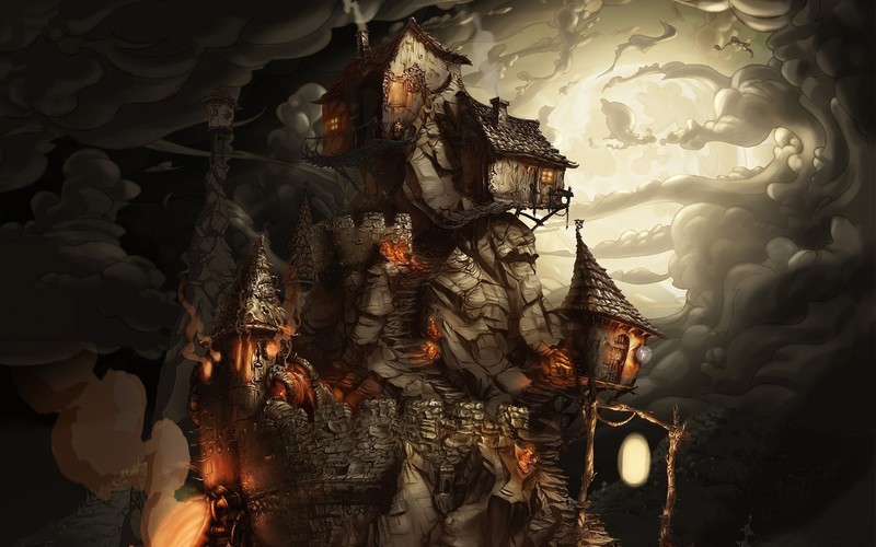 castle, clouds, artwork, fantasy art